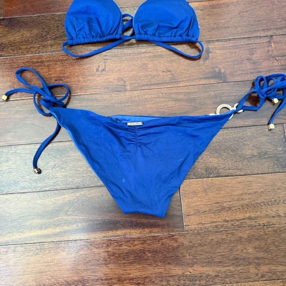 Lady Lux Navy Rhinestone Ring Bikini Set Y2K Halter‎ Tie Sides Made USA Coquette